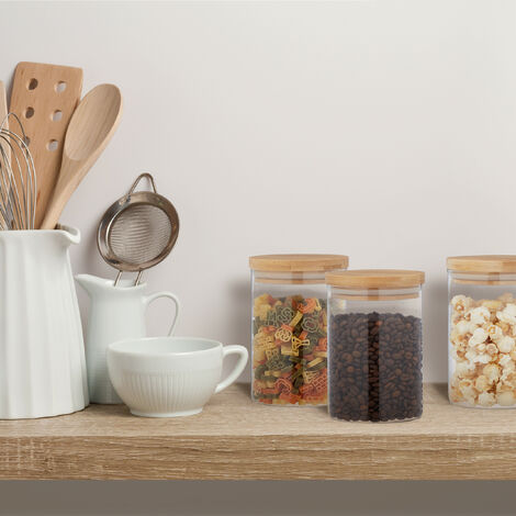 Relaxdays Lot de 4 bocaux en verre, petits, avec couvercle bambou, 750 ml, hermétique, transparent/naturel