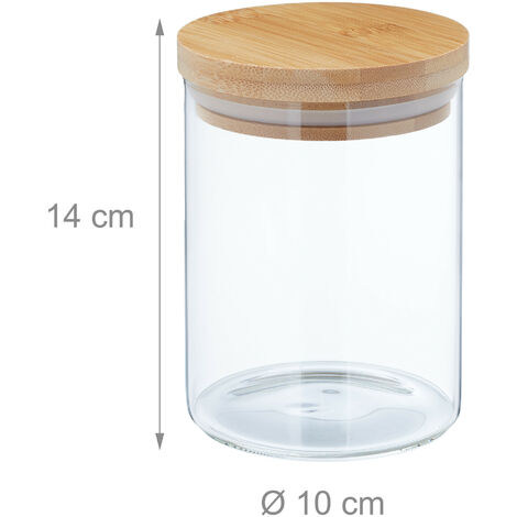 Relaxdays Lot de 4 bocaux en verre, petits, avec couvercle bambou, 750 ml, hermétique, transparent/naturel