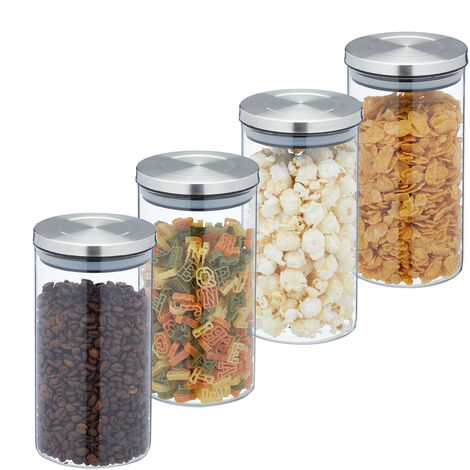 Relaxdays Lot de 4 bocaux en verre, 1000 ml, hermétique, couvercle acier inox, bocal à épicerie, transparent/argent (1/5)