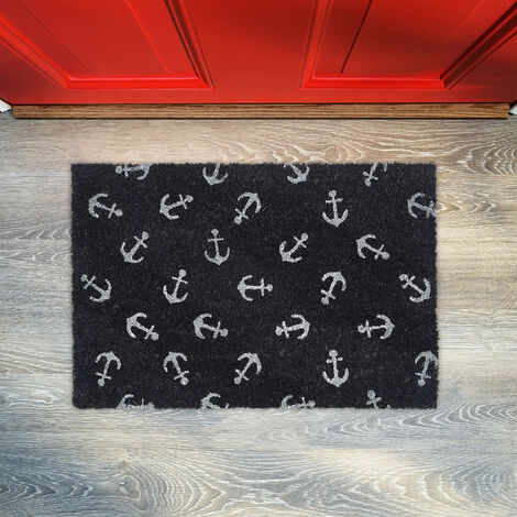 Paillasson Coco Motif Voilier 60x40 Cm - Tapis D'entrée Antidérapant Intérieur/extérieur Bleu/nature