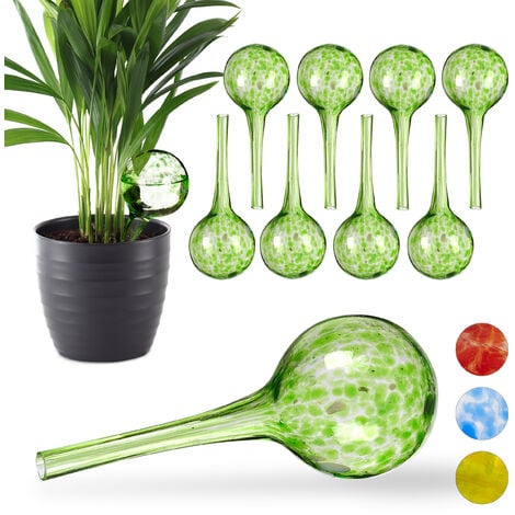 Relaxdays Globes d'arrosage lot de 4, Distributeur eau plantes et fleurs,  outil de bureau, Ø 9 cm, verre, vert