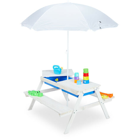 Relaxdays – Table de jardin pour enfants en bois avec bacs à sable et eau – Parasol inclus – Dimensions 49x86x92,5 cm – Poids max 30 kg