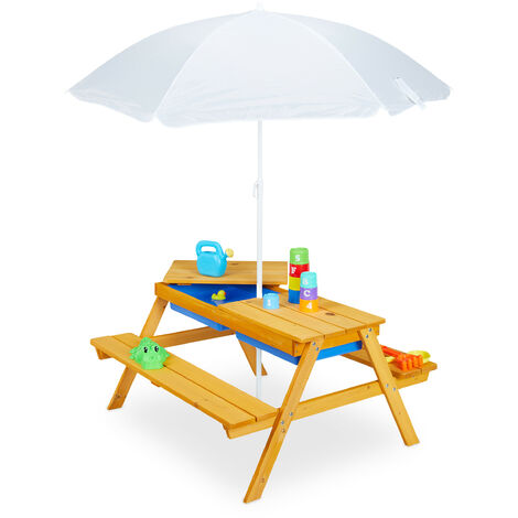 Relaxdays – Table de jardin pour enfants en bois avec 2 bacs à sable et eau – Parasol ajustable – Dimensions 49 x 86 x 92,5 cm – Pour 4 enfants (1/5)
