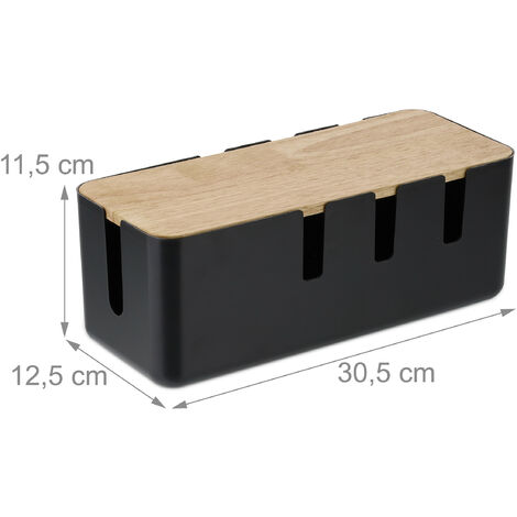 Relaxdays Boîte cache-câbles, pour 2 multiprises, couvercle en bois,  plastique, HLP : 11,5 x 30,5 x 12,5 cm, noir