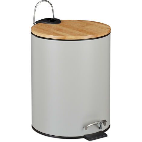 Relaxdays Poubelle, couvercle en bambou, 5 L, mécanisme de fermeture, seau intérieur amovible, salle bain, gris/nature