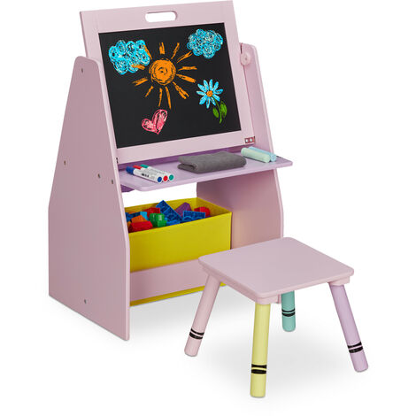 Relaxdays Table pour enfants avec tableau à deux faces, 84 x 52 x 45 cm, avec un sac en tissus et 2 compartiments, rose (1/5)