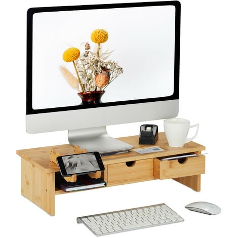 Relaxdays Support d'écran PC en bambou, 2 tiroirs, casier rangement,  rehausseur d'ordinateur, HLP 13x54x23 cm, naturel