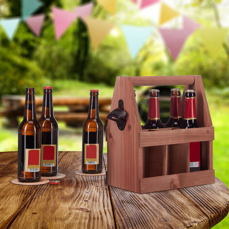 Marsui Porte-Bouteilles en Bois 6 Bouteilles de Bière Cadeaux pour Hommes pour Pères Fête de la Bière Parties Football Camping Anniversaire(29,8 × 21,5 × 16 cm,Elégant