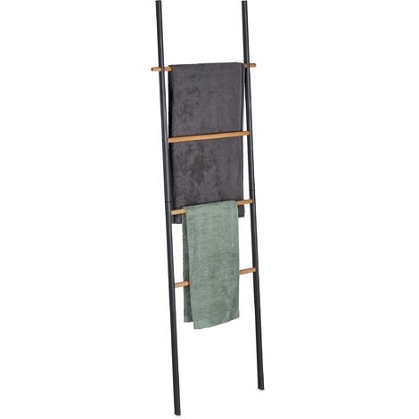 Relaxdays Porte-serviettes échelle, bois et métal, 4 barreaux, serviettes & vêtements, 171x50x3 cm, anthracite/naturel (1/5)