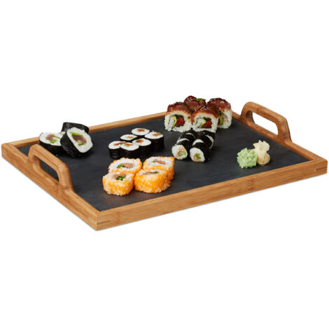2x Plateau de service repas en bambou avec planche ardoise amovible 2 poignées cuisine HxlxP: 6 x 40,5 x 32 cm, nature