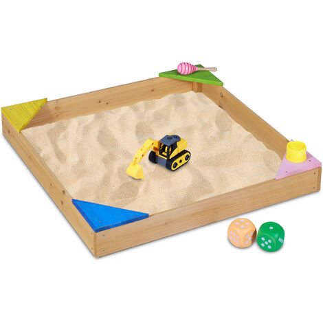 Relaxdays Bac à sable, 4 assises d’angle, H x L x P: 11,5 x 90 x 90 cm, jeu de sable jardin, en bois de sapin naturel
