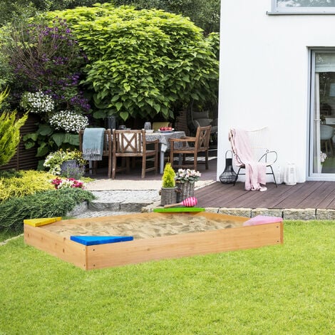 Bac à sable pour enfants en bois lasuré gris avec bancs + couvercle - Soulet