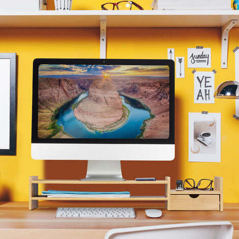 Accessoire Bureau Rangement Support Pour Moniteur En Bambou, Rehausseur D'Écran, Tablette Pc, Espace Rangement, Hlp 12X70X19 Design Naturel Bureau