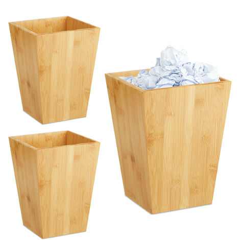 Corbeille à papiers en bambou, lot 3, carré, 6l, sans couvercle, bureau, salle de bain, poubelle 27x20x20 cm, naturel