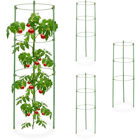 Relaxdays Tuteur pour tomates, plantes grimpantes, lot de 4, métal, plastique, 3 anneaux réglables, HxD : 60x20 cm, vert