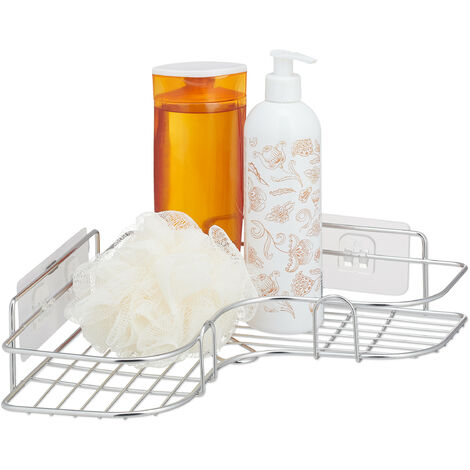Relaxdays Panier d’angle pour la douche, à coller, acier inoxydable, support à savons, HxLxP : 7x26,5x26,5 cm, argenté (1/5)