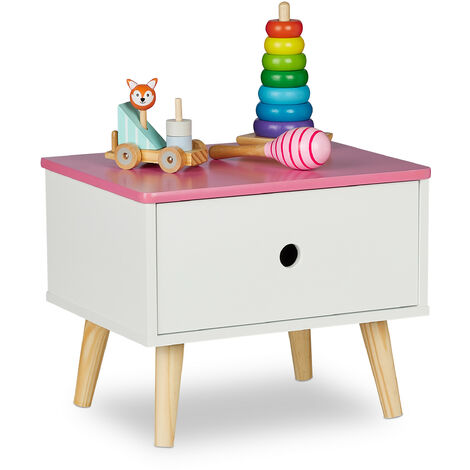 Relaxdays Table de chevet pour enfant, avec tiroir, HLP 31x38x30 cm, chambre, petite commode, bois et MDF, blanc-rose (1/5)