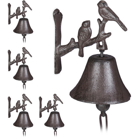 Clochette portière fonte, en lot de 5, Motif oiseau Cloche antique Sonnette murale Résistant température  Brun Corde