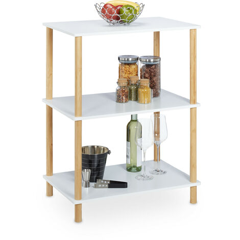 Relaxdays – Étagère 3 niveaux en MDF et bambou – Dimensions H 79 x L 60 x P 40 cm – Charge max 13 kg par niveau – Meuble sur pieds blanc/nature (1/5)
