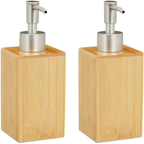 2x Distributeur de savon, rechargeable, bouteille à pompe, Bambou & plastique, 200 ml, bain, nature/argent (1/5)
