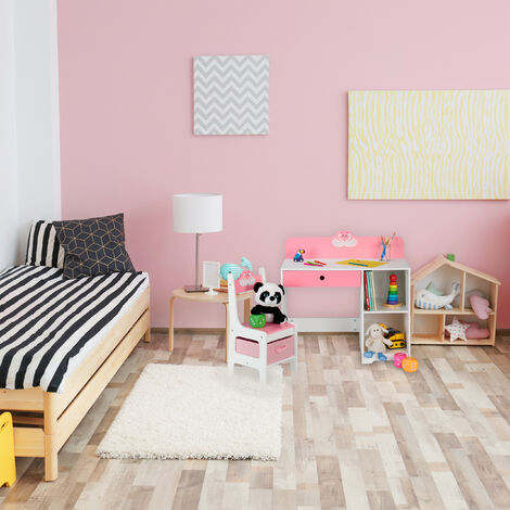 Bureau & Chaise Enfant Relaxdays Motif Cygne - Rose/Blanc - Tiroir & Rangement - Pour 4-9 Ans - MDF
