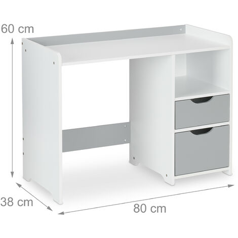 Bureau Enfant Relaxdays 80x38cm | 2 Tiroirs + Rangement | Blanc-Gris - 4-9 Ans