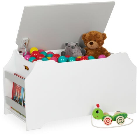 Relaxdays Coffre à jouets, avec 2 compartiments pour livres, HxLxP  48x84x42,5 cm, chambre d'enfant, MDF, blanc-gris