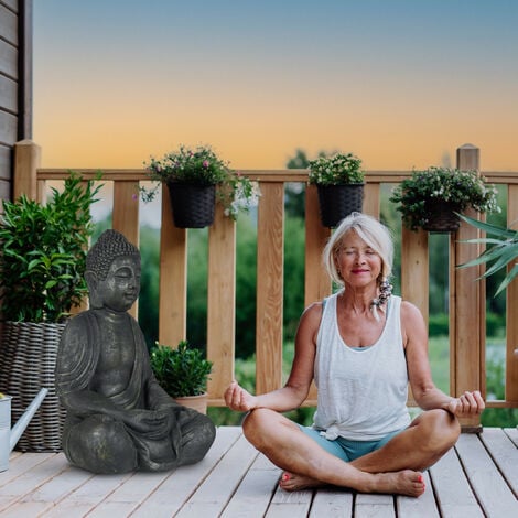 Relaxdays Statue de Bouddha assise 70 cm, figurine de jardin XL, vintage, résistant aux intempéries & au gel, anthracite