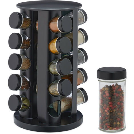 Relaxdays – Tourniquet à épices noir avec 20 pots en verre – Support rotatif 360° – Acier inoxydable – Dimensions 33,5 x 19 cm – Rangement structuré