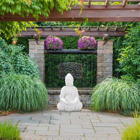 Relaxdays Statue de Bouddha assise, 70 cm, figurine de jardin XL, résistant aux intempéries et au gel, décoration, blanc