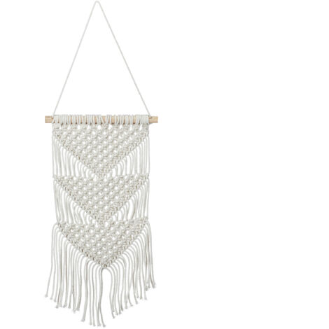 Macramé mural, lot de 2, fait main, Style Boho, Décoration murale, H x L : 70 x 25,5 cm, coton, bois, couleur crème (1/5)