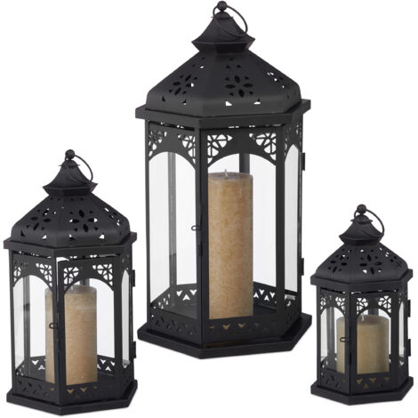 Lanternes de décoration, lot de 6, extérieur et intérieur, différentes tailles, vintage, retro, pour bougies, noire