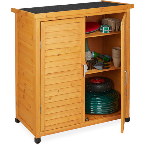 Relaxdays – Armoire de jardin 3 étagères – Dimensions H x L x P : 97 x 86,5 x 47 cm – Toit incliné en carton bitumé – Portes à lamelles en aluminium (1/5)