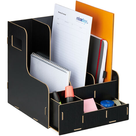 Relaxdays Porte-Documents 3 Compartiments A4 - Organiseur Bureau MDF Noir