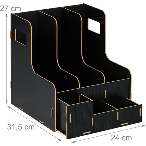 Relaxdays Organiseur De Bureau 3 Compartiments – Porte-Documents A4 En MDF, Rangement Stylos Et Magazines, Noir Élégant Et Stable