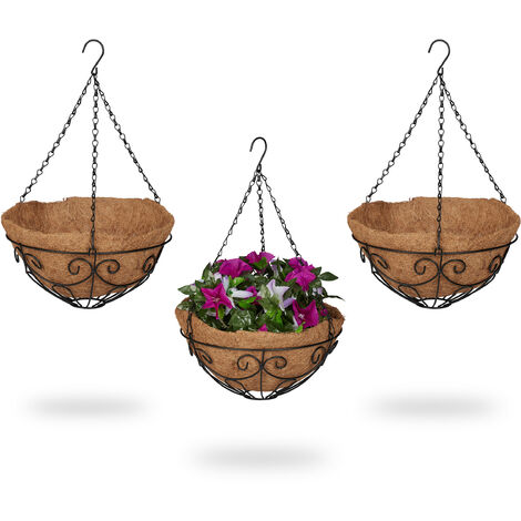 Pots De Fleurs Suspension Relaxdays Lot De 3 - Métal Et Fibre De Coco 48x31cm - Intérieur/Extérieur