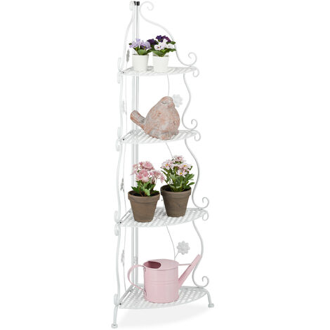 Relaxdays Étagère à fleurs et plantes, métal, 4 étages, extérieur et intérieur, HxLxP : 113,5x31x31 cm, coin, blanc (1/5)