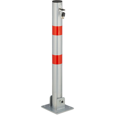 Relaxdays Poteau stationnement, rabattable, acier, arrêt parking, HxLxP: 65 x 15 x 13 cm, à bandes, argenté-rouge