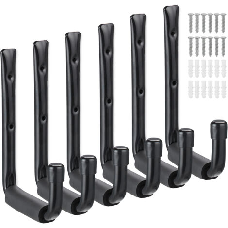 Relaxdays Porte-outils en lot de 6, charge maximale par crochet : env. 40 kg, atelier, cave, acier et mousse, noir (1/5)