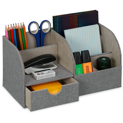 Relaxdays Organiseur de bureau, tiroir et 6 espaces de rangement, aspect lin, HxLxP : 14,5x28x14,5 cm, décoratif, gris (1/5)