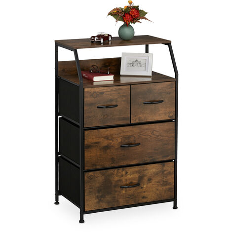 Relaxdays Commode style industriel, HLP : 96,5 x 60 x 41,5 cm, tissu, métal, effet bois, 4 tiroirs, buffet, marron/noir (1/5)