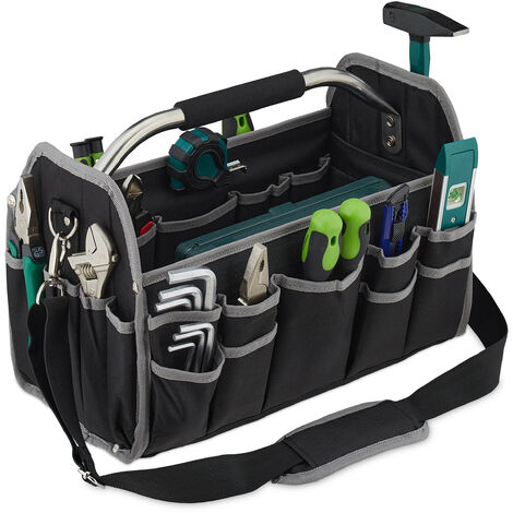 Relaxdays – Sacoche à outils noire 30 x 42 x 23 cm – Polyester 600D – 21 poches extérieures – Accès facile grâce au dessus ouvert