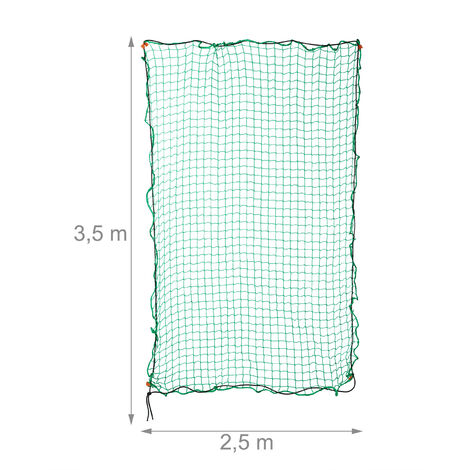 Relaxdays Filet remorque, 2,5 x 3,5 m, 10 crochets, marquage coins, corde en caoutchouc, sécurité pour chargement, vert