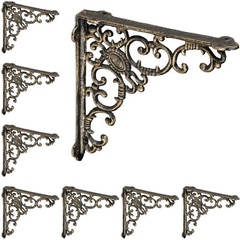 Équerre étagère murale, lot de 8, ancien, support en fonte de fer, ornements baroques, bronze