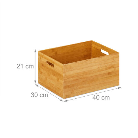 2x Caisse de rangement bambou, solide, boîte sans couvercle, H x L x P : 40  x 30 x 14 cm, salle de bain, cuisine, nature