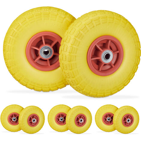 Roue de diable, lot de 8, en caoutchouc, increvables, 260 x 85, essieu de 16 mm, 4.1/3.5-4, jusqu'à 150 kg, jaune-rouge