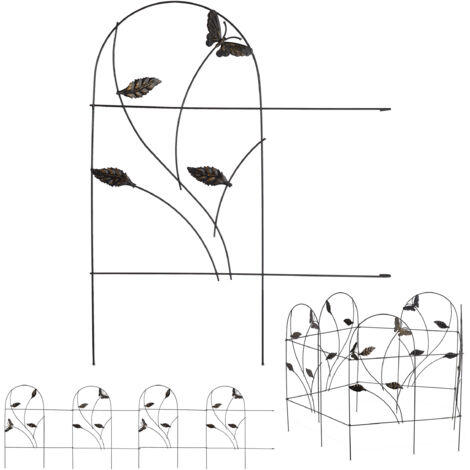Bordure potager, clôture jardin 20 éléments, métal, design papillon, H x L : 46 x 1000 cm, noir (1/5)