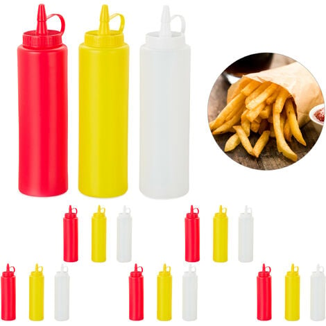 Bouteille à sauce, lot de 18, rechargeable, 400 ml, squeeze bottle,  récipient plastique, rouge/jaune/blanc