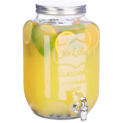 Distributeur de boisson 8 L, lot de 2, limonade, carafe verre robinet, retro vintage, fontaine, transparent
