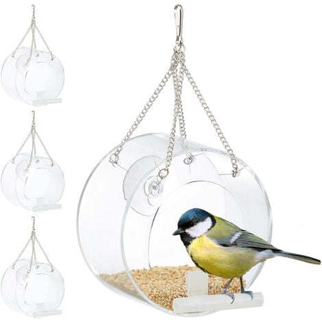 Mangeoire à oiseaux, lot de 4, Distributeur en acrylique, à suspendre, pour  la fenêtre, 13 x